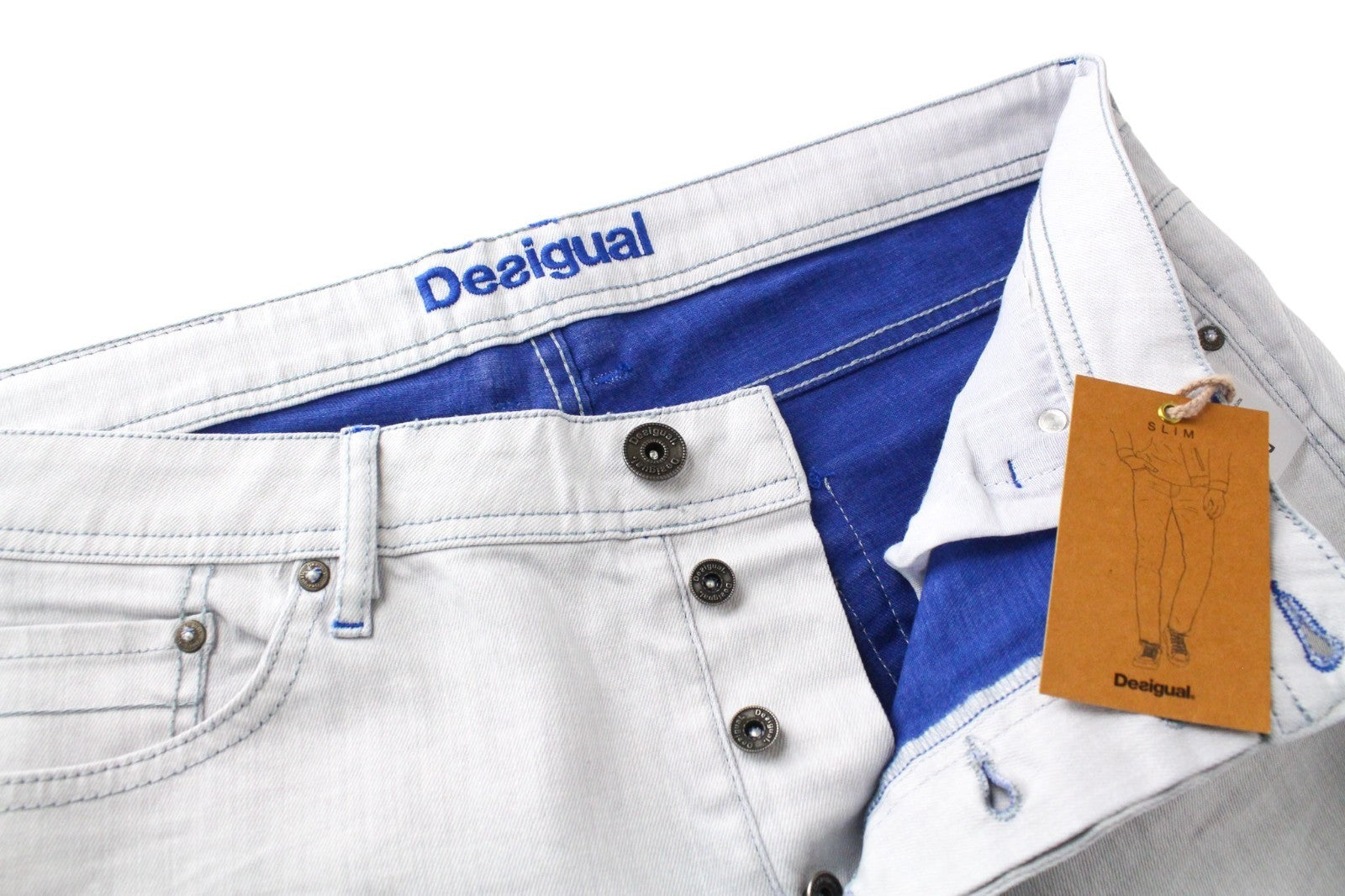 DESIGUAL Lucas Men Jeans W36 Faded Blue Slim Casual Cotton Stretch Button-Up