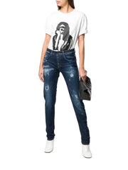 FRANKIE MORELLO Loredana moteriški džinsai, 38 dydis, siaurėjantys, mėlyni, tamprūs, plėšyti medvilniniai džinsai 