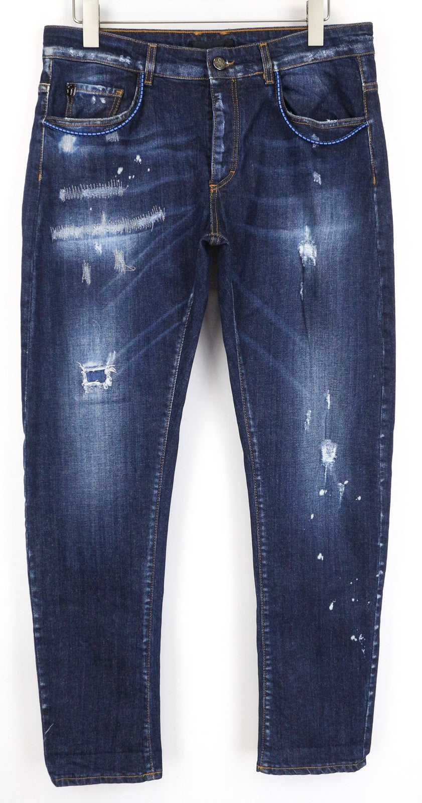FRANKIE MORELLO Loredana moteriški džinsai, 38 dydis, siaurėjantys, mėlyni, tamprūs, plėšyti medvilniniai džinsai 