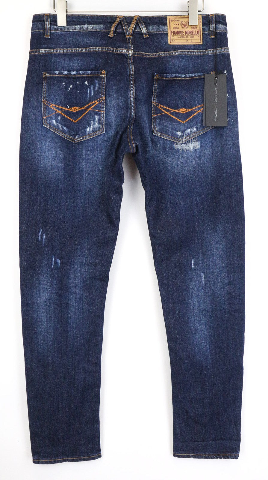 FRANKIE MORELLO Loredana moteriški džinsai, 38 dydis, siaurėjantys, mėlyni, tamprūs, plėšyti medvilniniai džinsai 