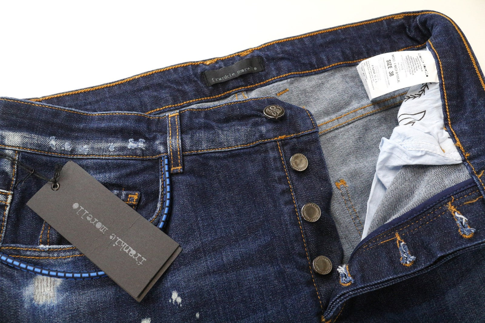 FRANKIE MORELLO Loredana moteriški džinsai, 38 dydis, siaurėjantys, mėlyni, tamprūs, plėšyti medvilniniai džinsai 