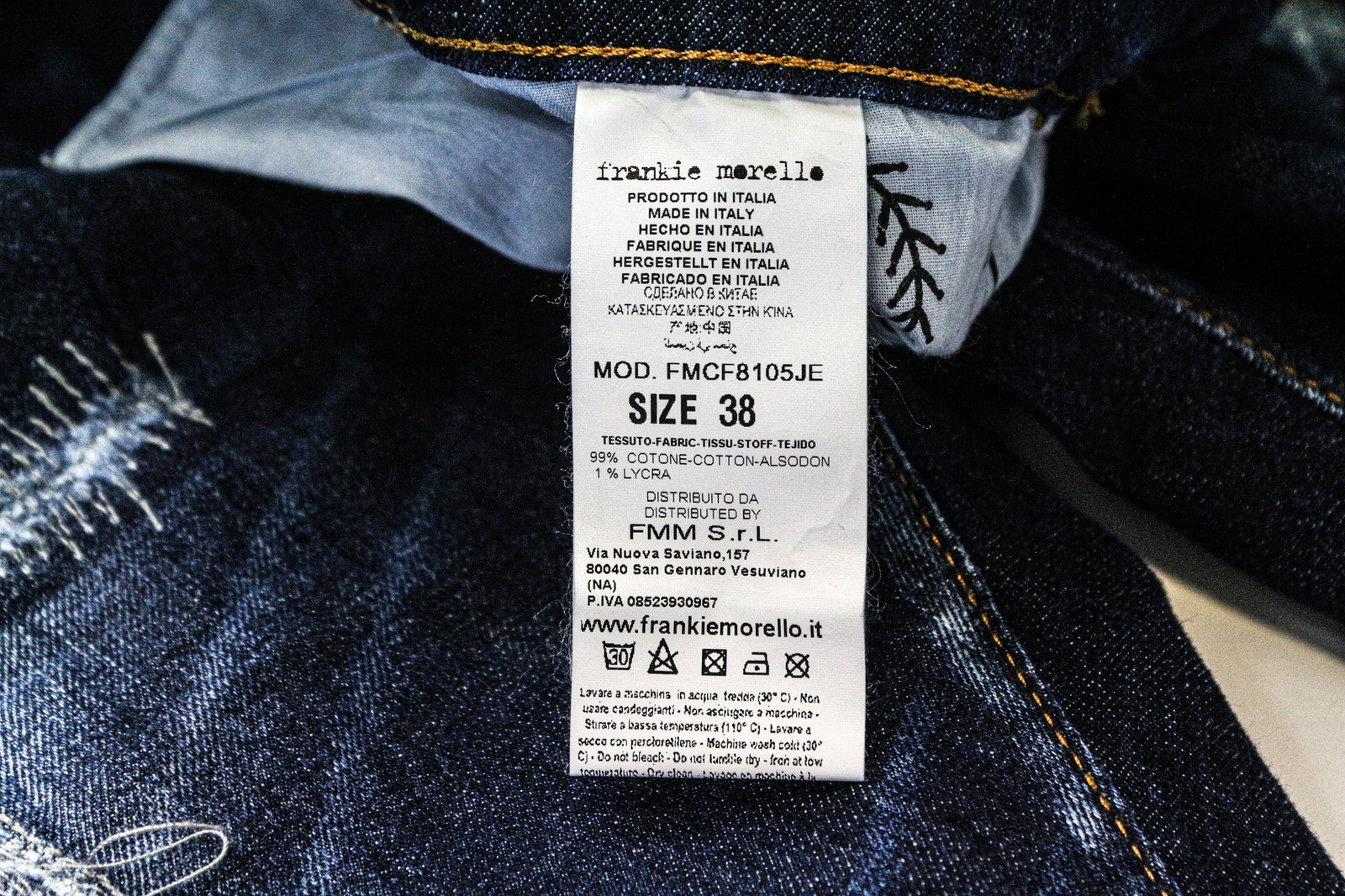 FRANKIE MORELLO Loredana moteriški džinsai, 38 dydis, siaurėjantys, mėlyni, tamprūs, plėšyti medvilniniai džinsai 