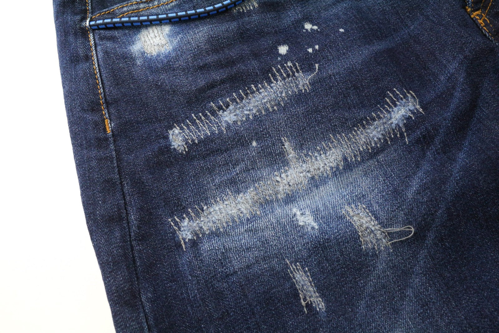 FRANKIE MORELLO Loredana moteriški džinsai, 38 dydis, siaurėjantys, mėlyni, tamprūs, plėšyti medvilniniai džinsai 