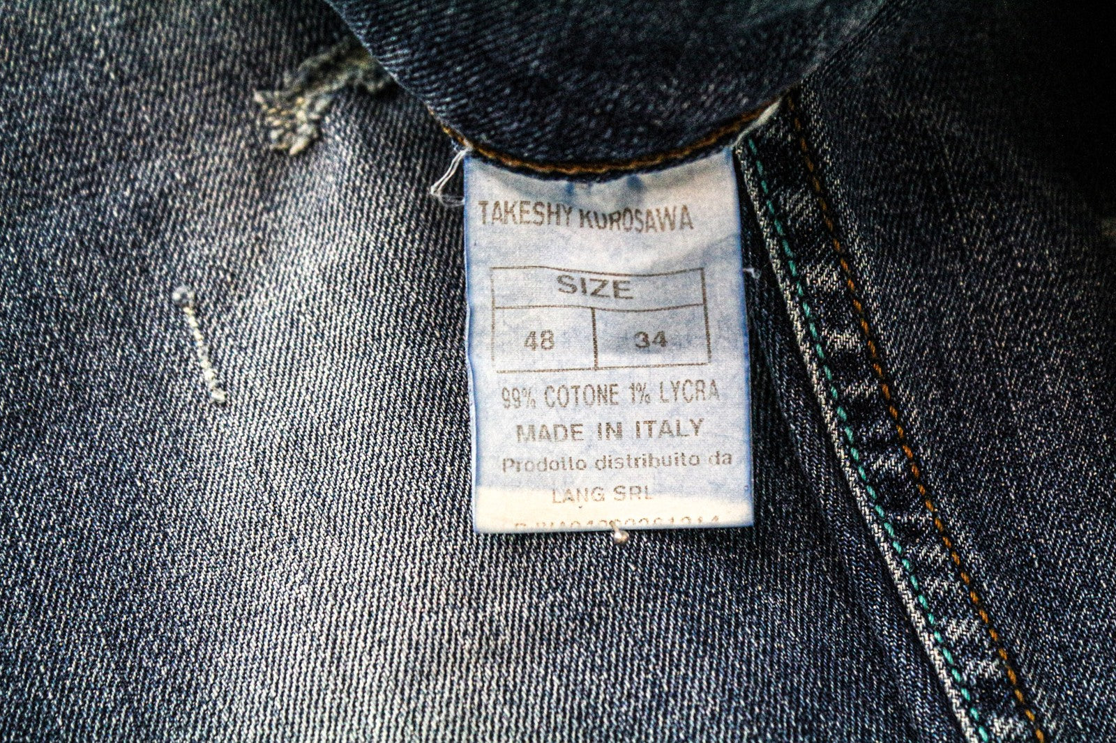 TAKESHY KUROSAWA Men's Jeans W34 Slim Stretch Cotton Blue Distressed Wash