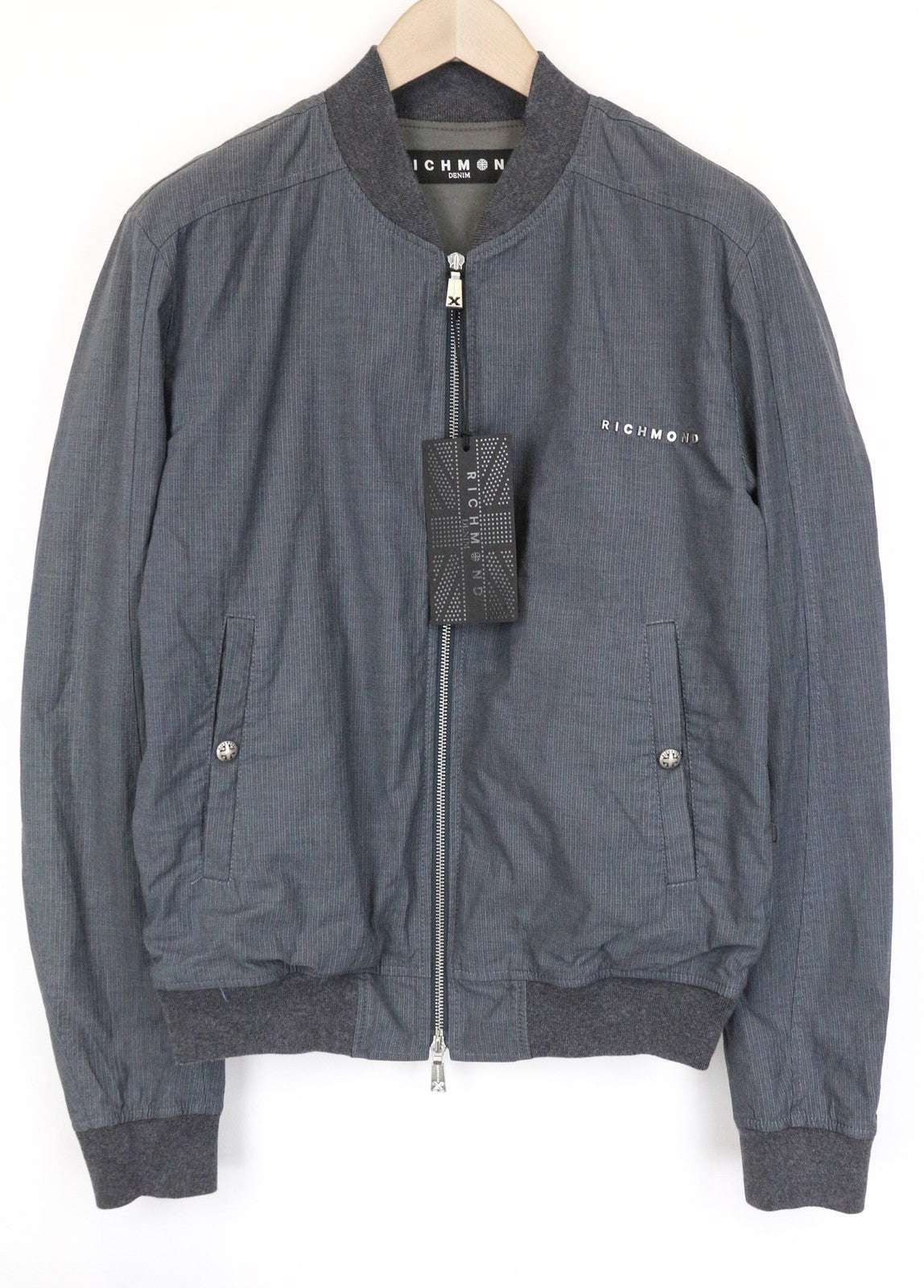 RICHMOND vyriška striukė 48 pilka medvilninė dryžuota bomber striukė ilgomis rankovėmis laisvalaikio stiliaus 
