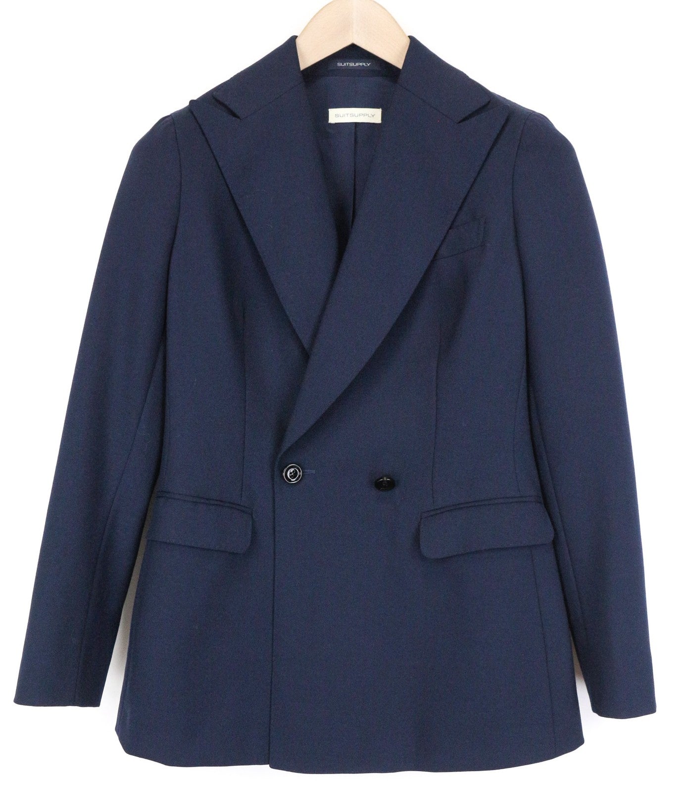 „SUITSUPPLY Cameron“ moteriškas mėlynas moheros vilnos švarkas UK8R su dvieiliu smailiu raštu 