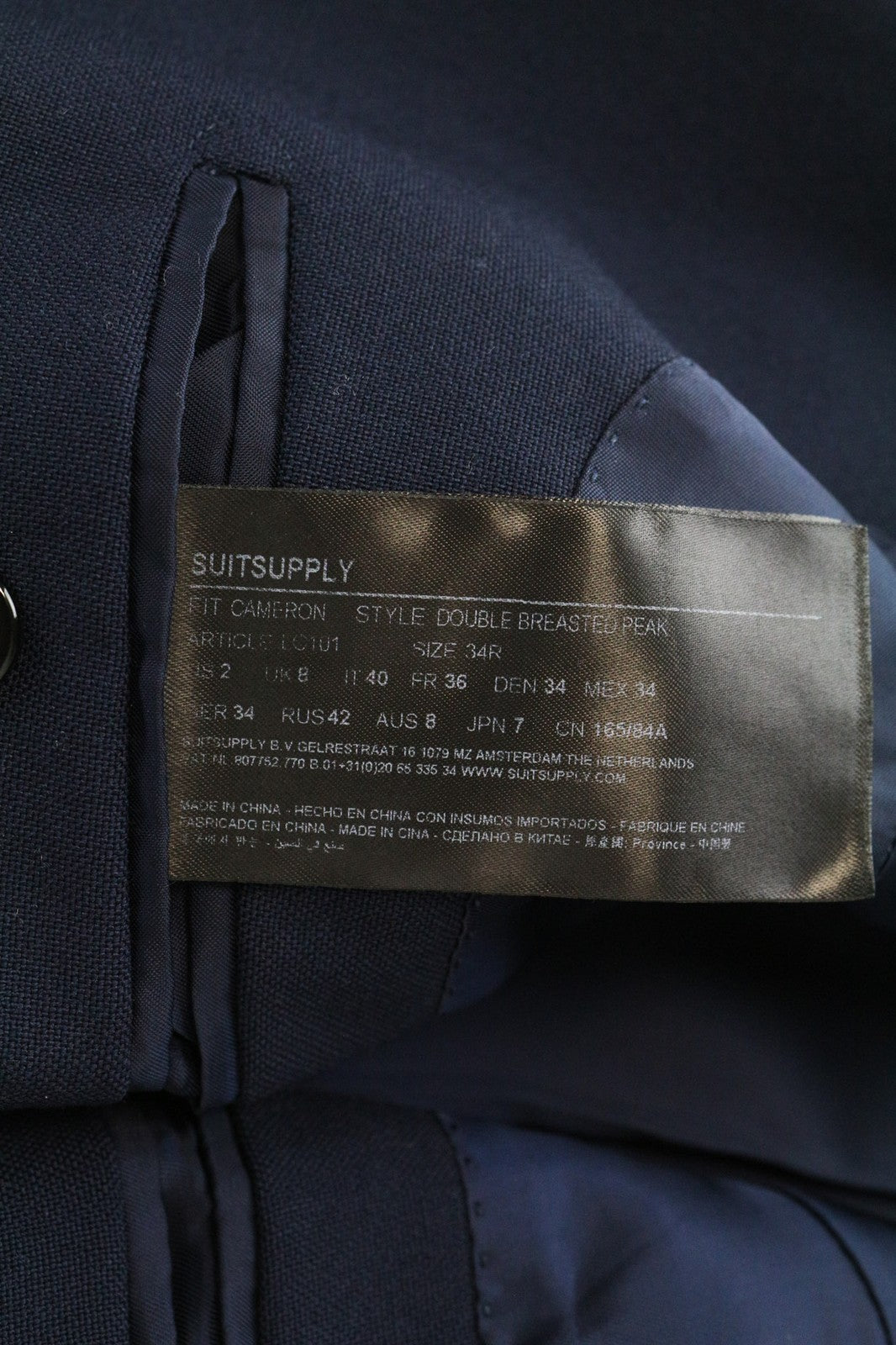 „SUITSUPPLY Cameron“ moteriškas mėlynas moheros vilnos švarkas UK8R su dvieiliu smailiu raštu 