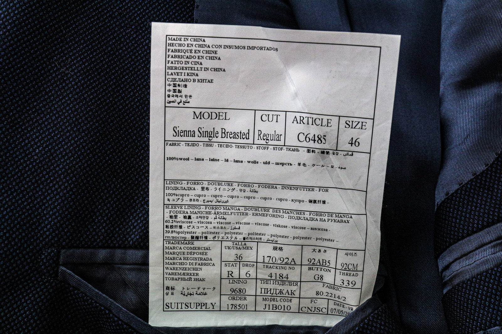 „SUITSUPPLY Sienna“ vyriškas mėlynas švarkas „Super 130's“, vilnonis, vienaeilis, UK36R 