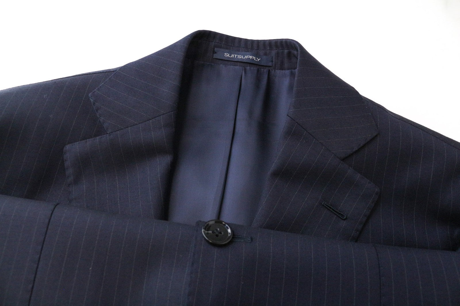 SUITSUPPLY La Spalla vyriškas tamsiai mėlynas vilnonis dryžuotas švarkas, UK36L, raštuotas 