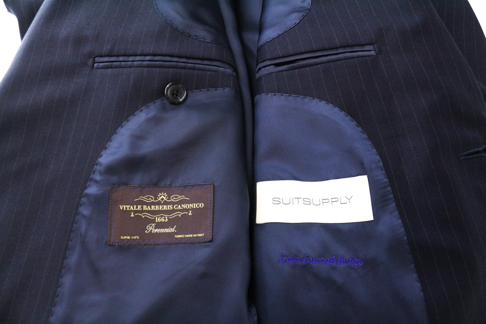 SUITSUPPLY La Spalla vyriškas tamsiai mėlynas vilnonis dryžuotas švarkas, UK36L, raštuotas 