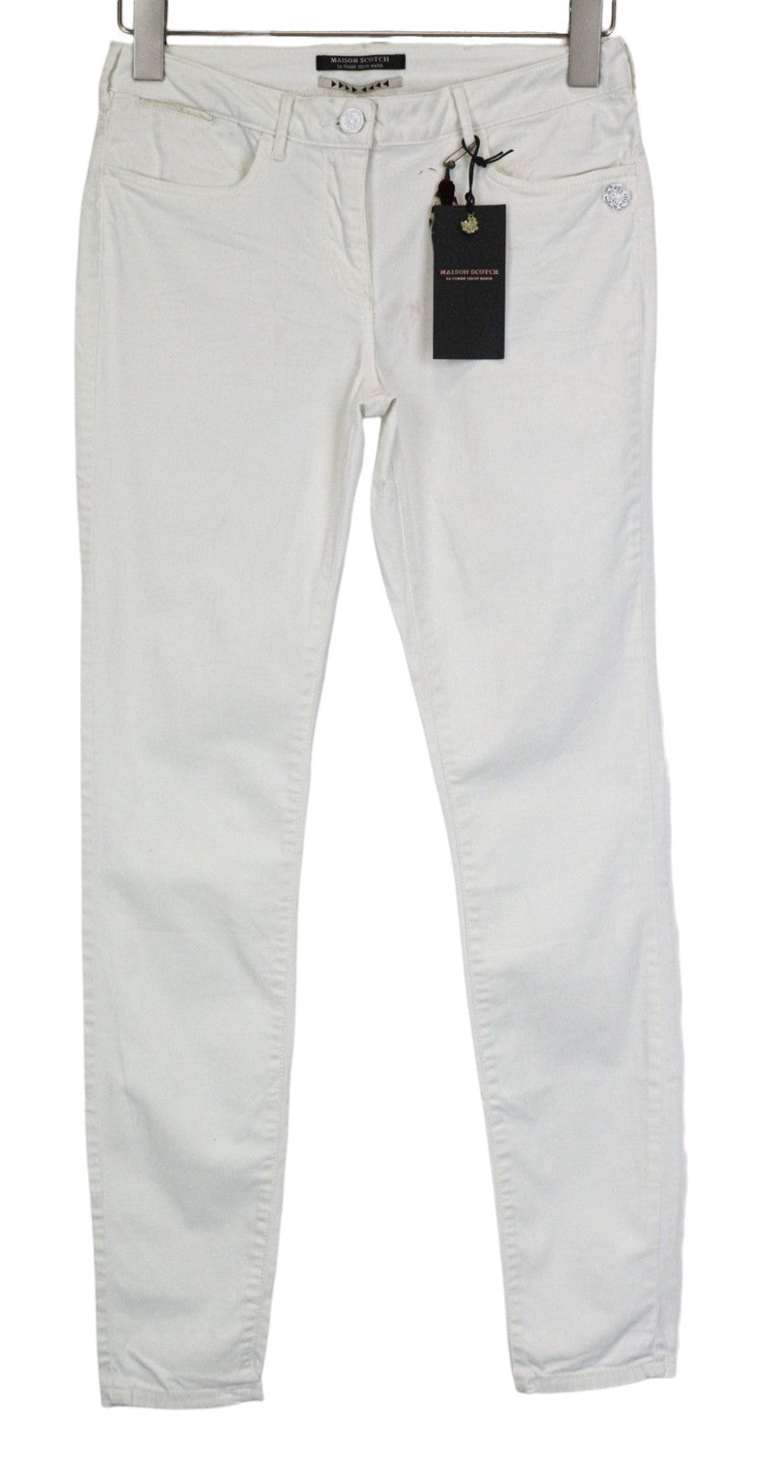 MAISON SCOTCH moteriškos kelnės W27/L30 baltos, aptemptos, su 5 kišenėmis ir užtrauktuku 