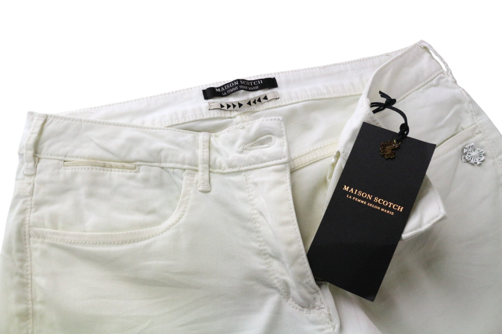 MAISON SCOTCH moteriškos kelnės W27/L30 baltos, aptemptos, su 5 kišenėmis ir užtrauktuku 