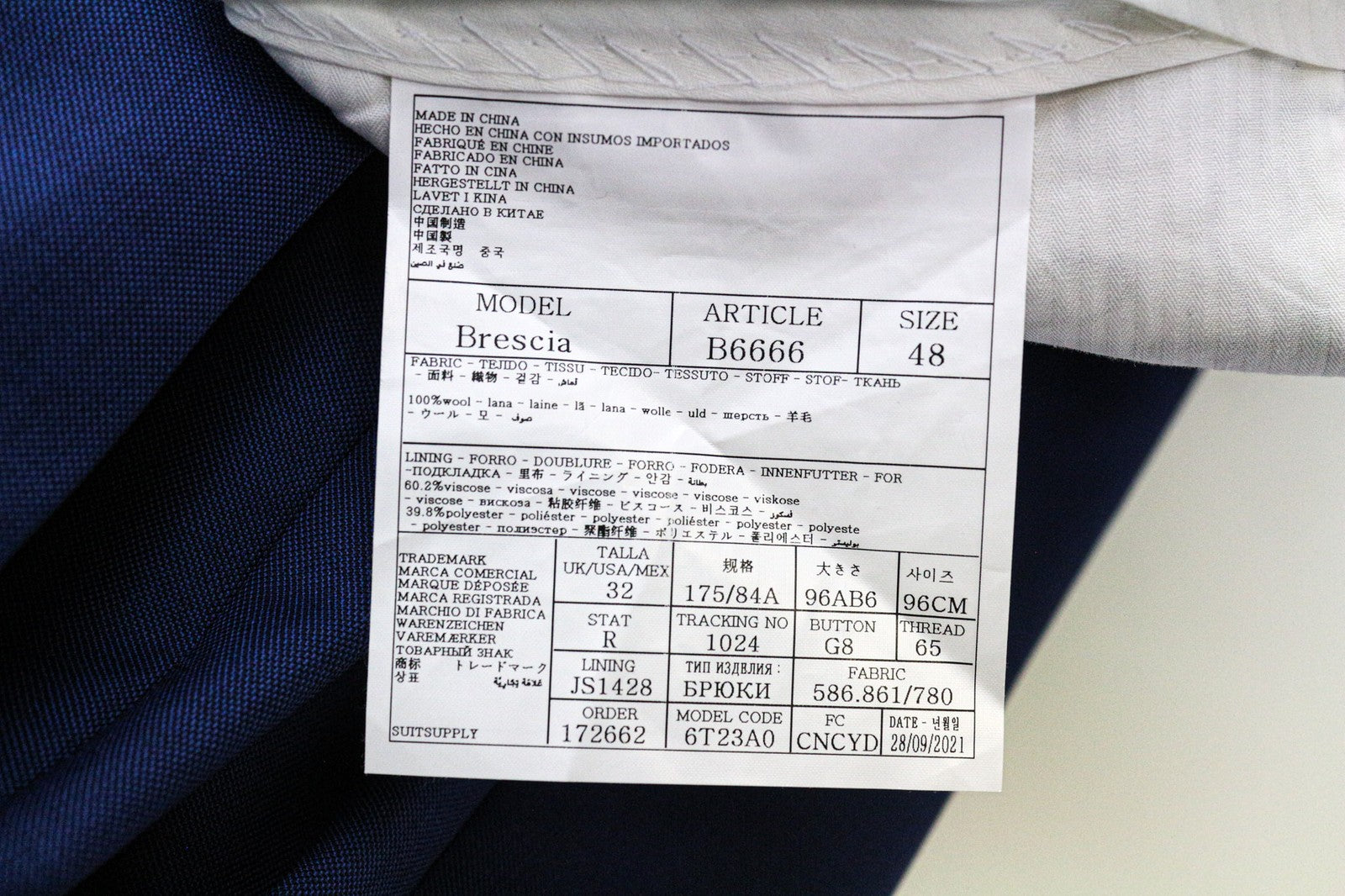 SUITSUPPLY La Spalla Men's Suit UK38R Blue Wool 2Pc Classic Single-Breasted