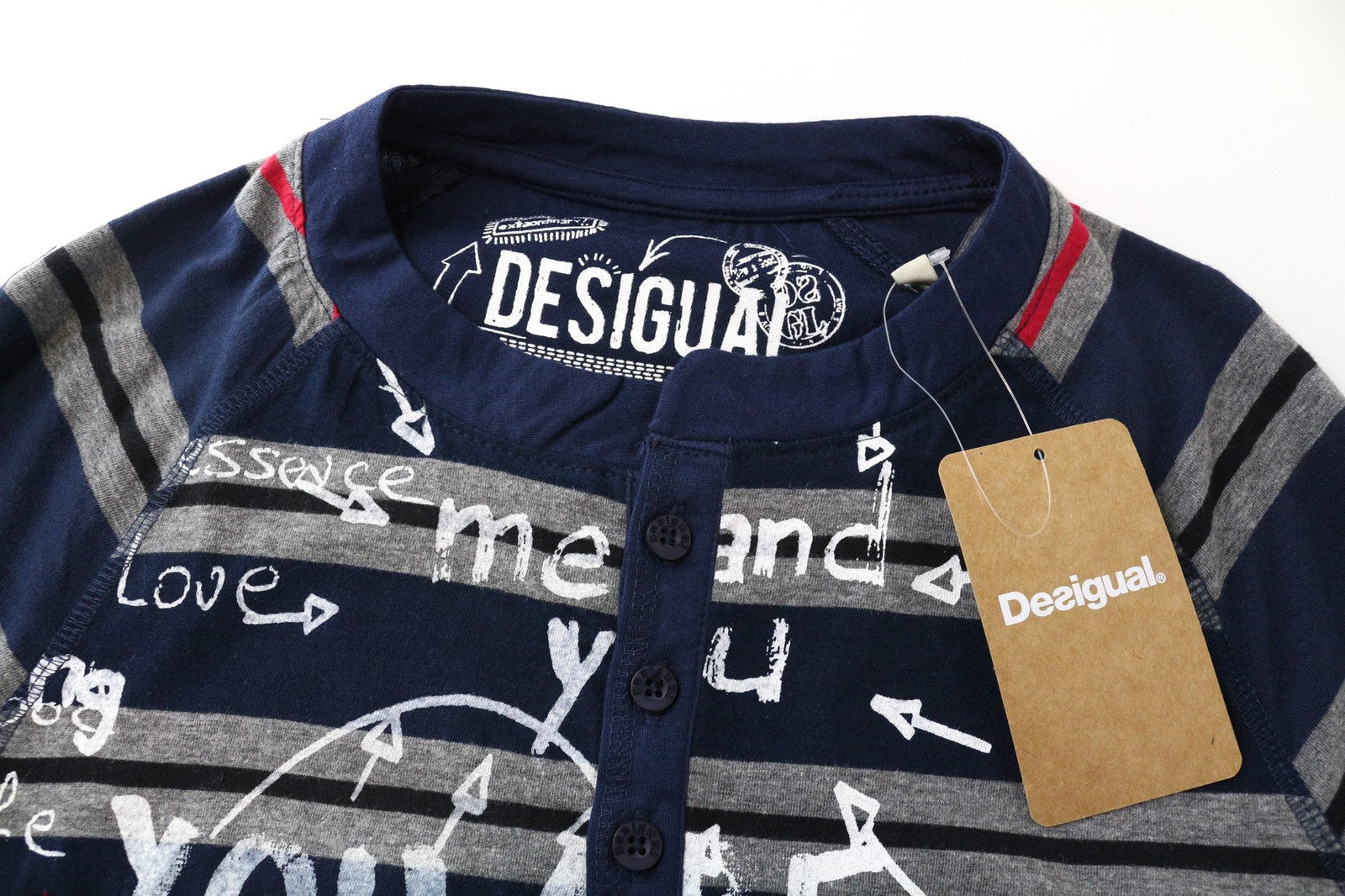 DESIGUAL Marcos Men's Blue T-Shirt S Striped Cotton Blend Henley Long Sleeve