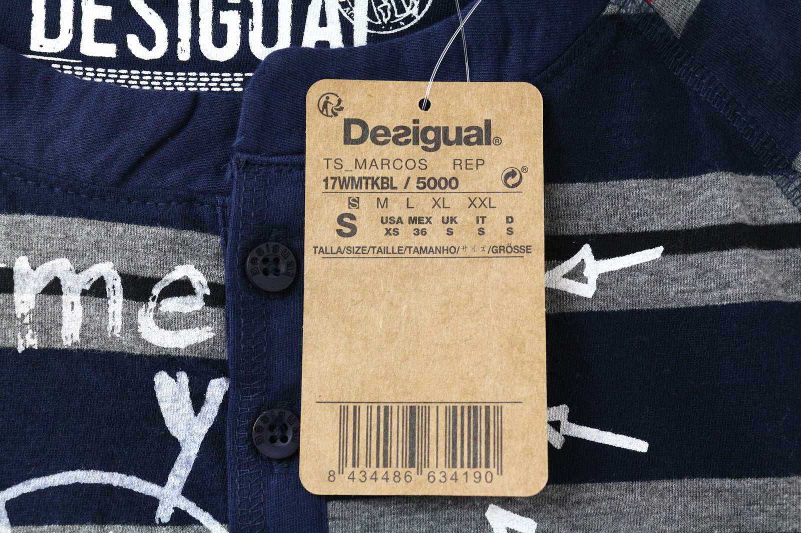 DESIGUAL Marcos Men's Blue T-Shirt S Striped Cotton Blend Henley Long Sleeve