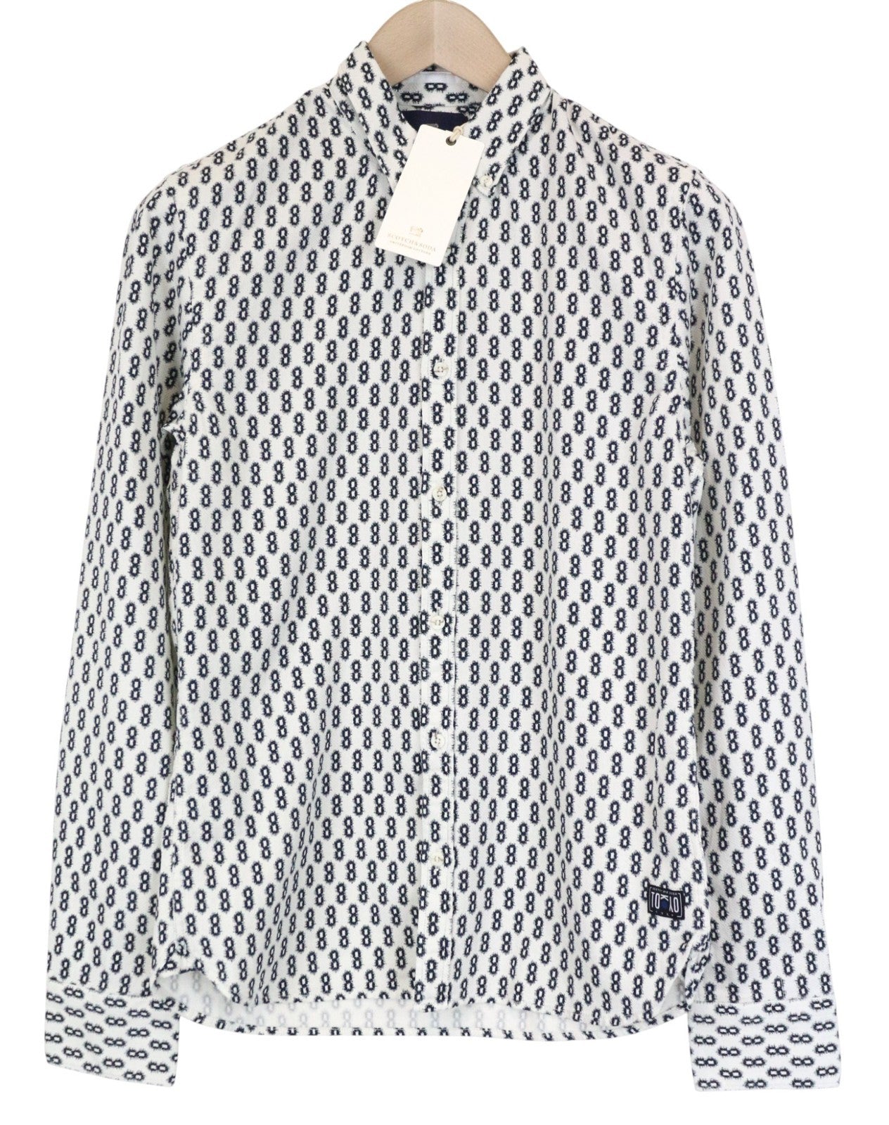 SCOTCH &amp; SODA Ams Couture vyriški marškinėliai S, balti, medvilniniai, raštuoti ilgomis rankovėmis 