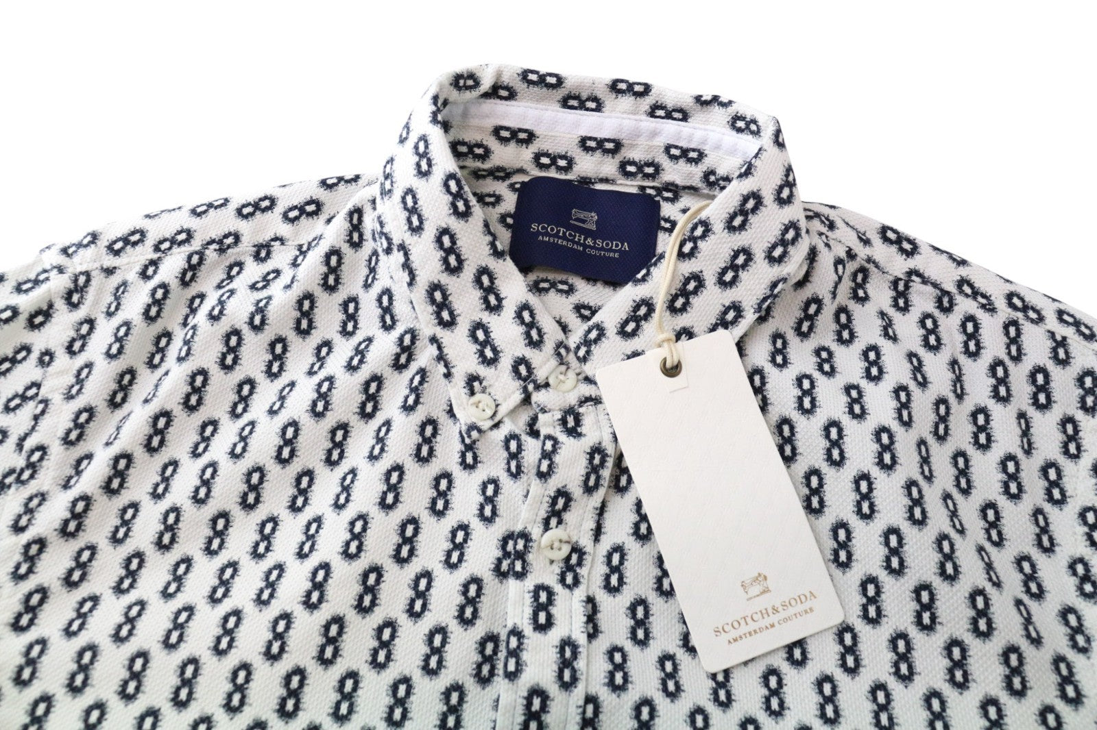 SCOTCH &amp; SODA Ams Couture vyriški marškinėliai S, balti, medvilniniai, raštuoti ilgomis rankovėmis 