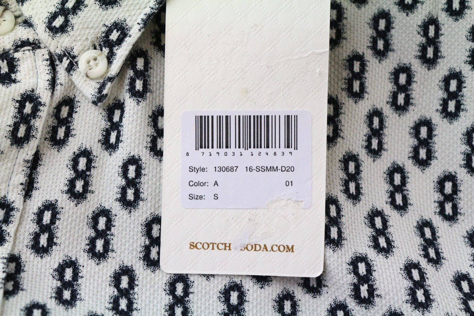 SCOTCH &amp; SODA Ams Couture vyriški marškinėliai S, balti, medvilniniai, raštuoti ilgomis rankovėmis 