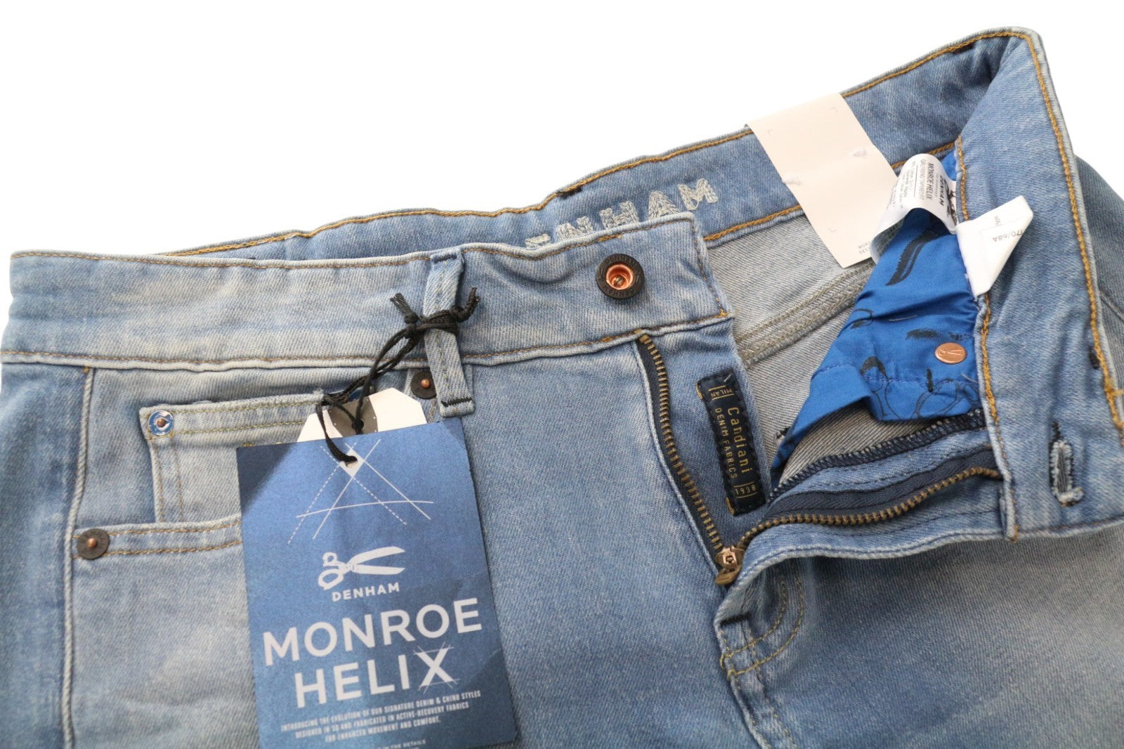 DENHAM Monroe Helix G moteriški džinsai W27/L28 mėlyni, tamprūs, siaurėjantys „Girlfriend“ džinsai 
