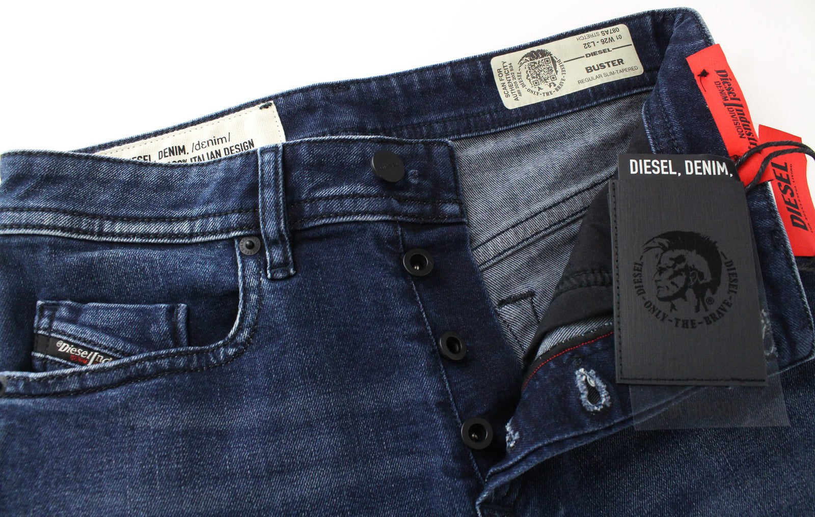 DIESEL Buster 087AS vyriški džinsai W26/L32 berniukams, siaurėjantys, mėlyni, tamprūs medvilniniai džinsai 