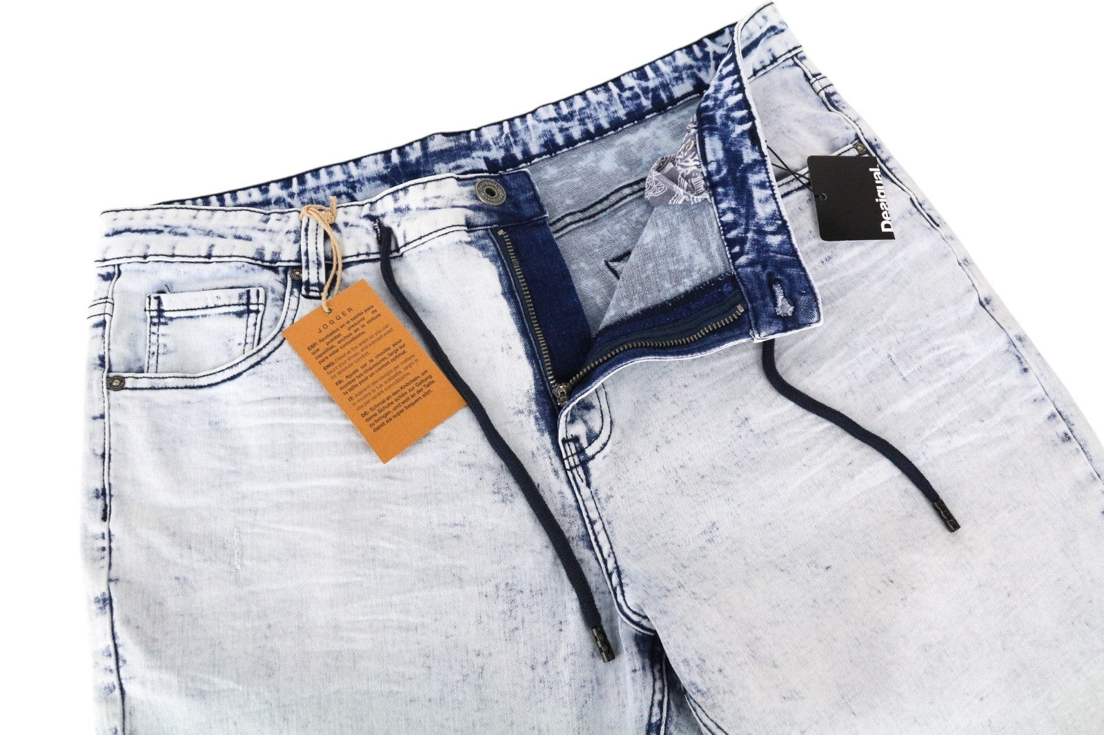 DESIGUAL Ares Men Jeans W36 Jogger Drawstrings Light Blue Cotton Stretch