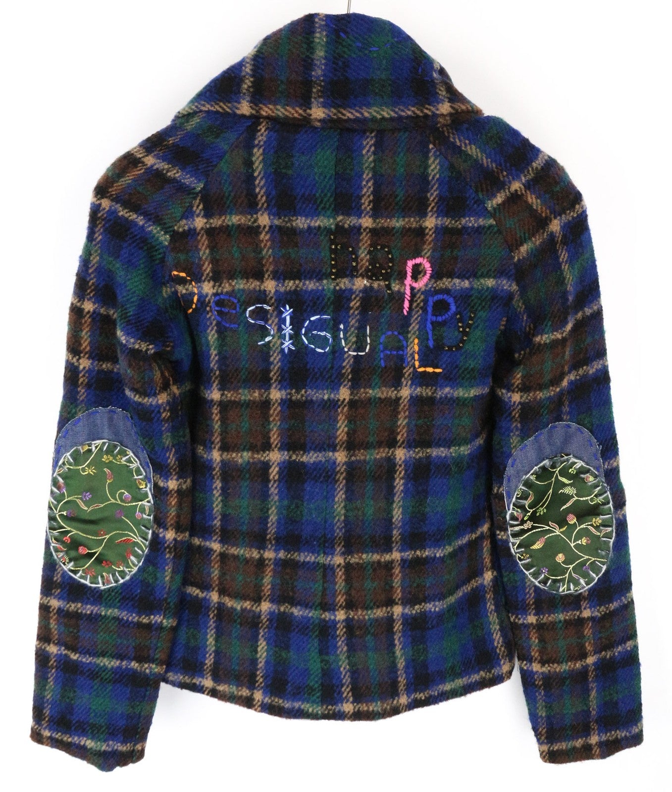 DESIGUAL Women Jacket 36 S Wool Blend Blue Checked Single-Breasted Long Sleeve