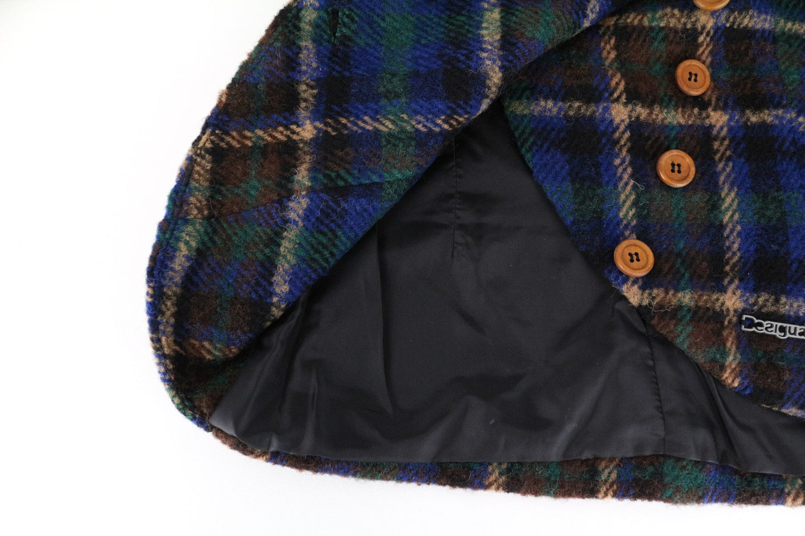 DESIGUAL Women Jacket 36 S Wool Blend Blue Checked Single-Breasted Long Sleeve