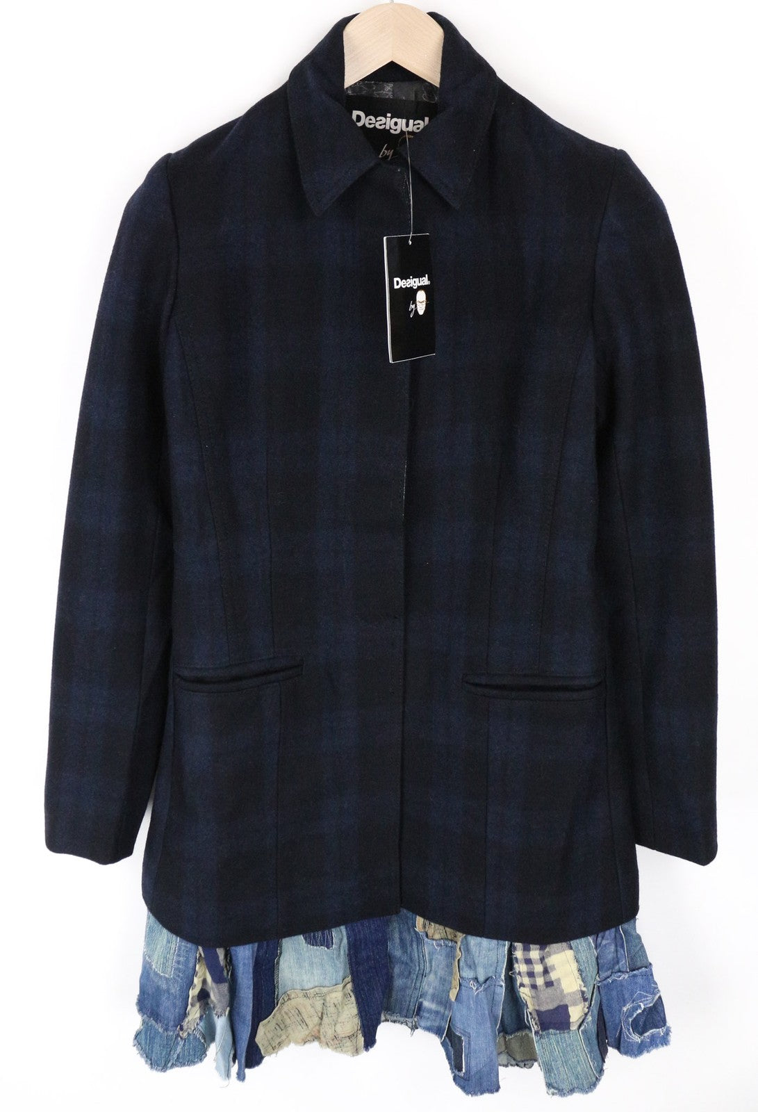 DESIGUAL Snowrobot Women Coat S Wool Cotton Blend Blue Navy Checked Long Sleeve