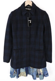DESIGUAL Snowrobot Women Coat S Wool Cotton Blend Blue Navy Checked Long Sleeve
