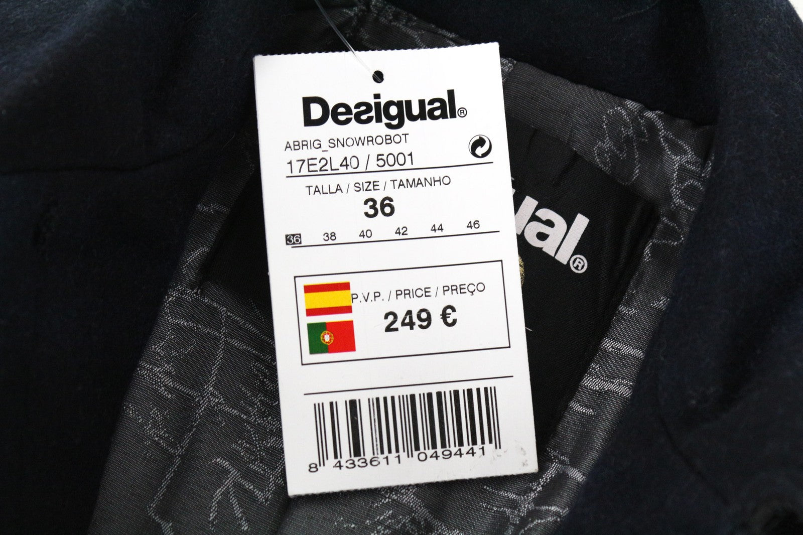 DESIGUAL Snowrobot Women Coat S Wool Cotton Blend Blue Navy Checked Long Sleeve