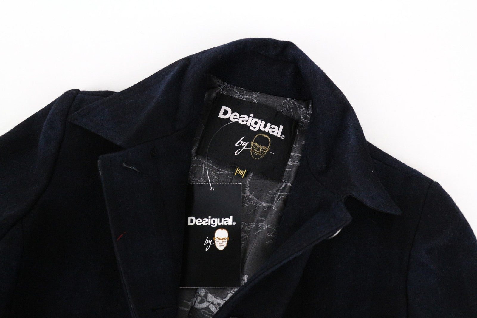DESIGUAL Snowrobot Women Coat S Wool Cotton Blend Blue Navy Checked Long Sleeve