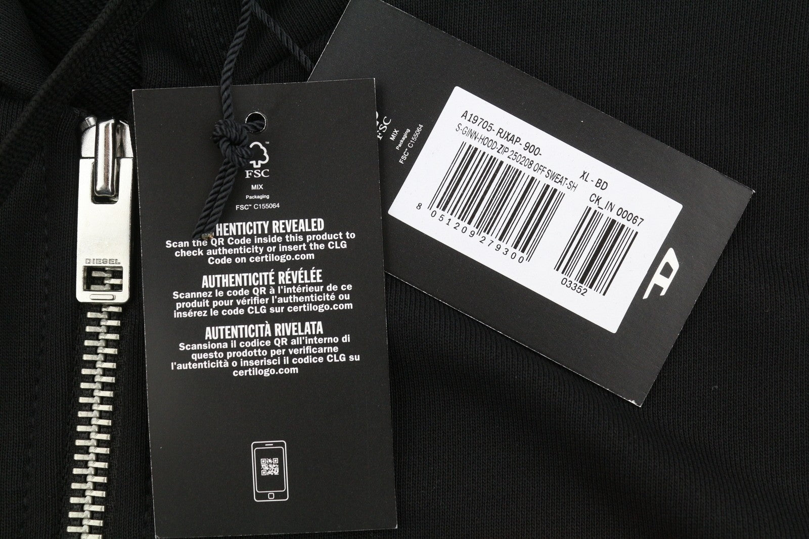 DIESEL S-Ginn-Hood-Zip 250209 Off Men Hoodie XL Black Full Zip RRP175