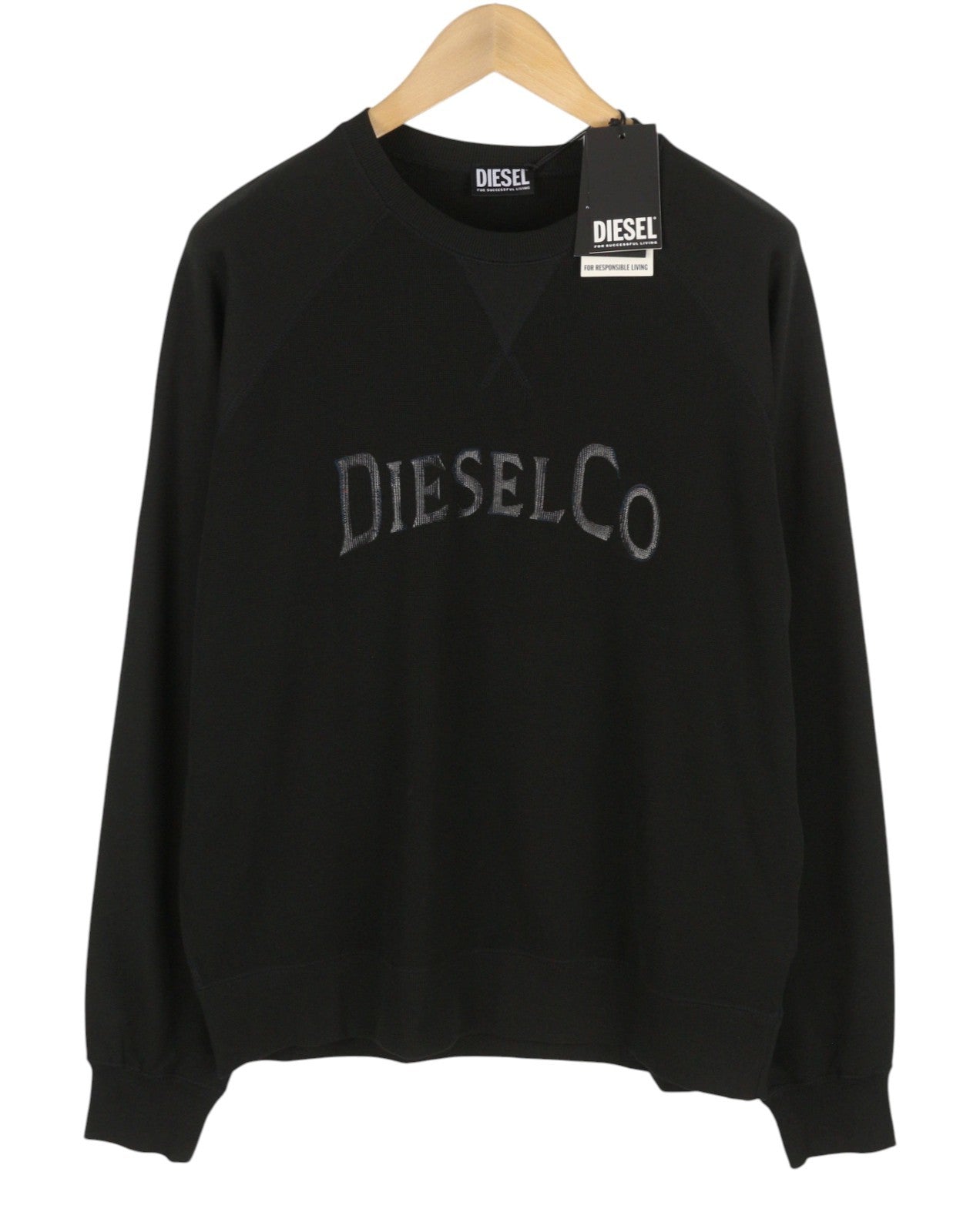 DIESEL S-Raglan-Waf Men Sweatshirt XL Black Crew Front Logo Pull On RRP175