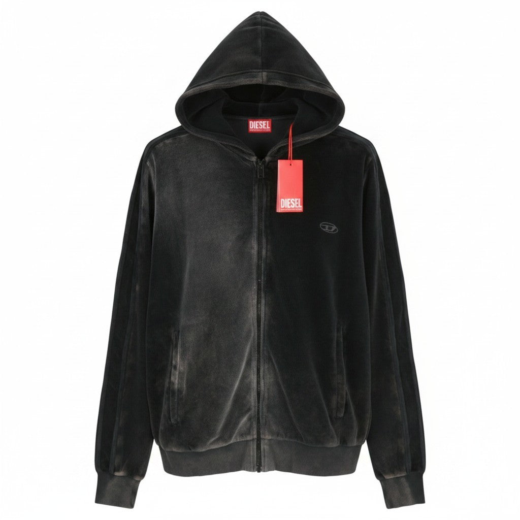 DIESEL S-Oclock Men Hoodie L Black Acid Wash Chenille Zip Up RRP325