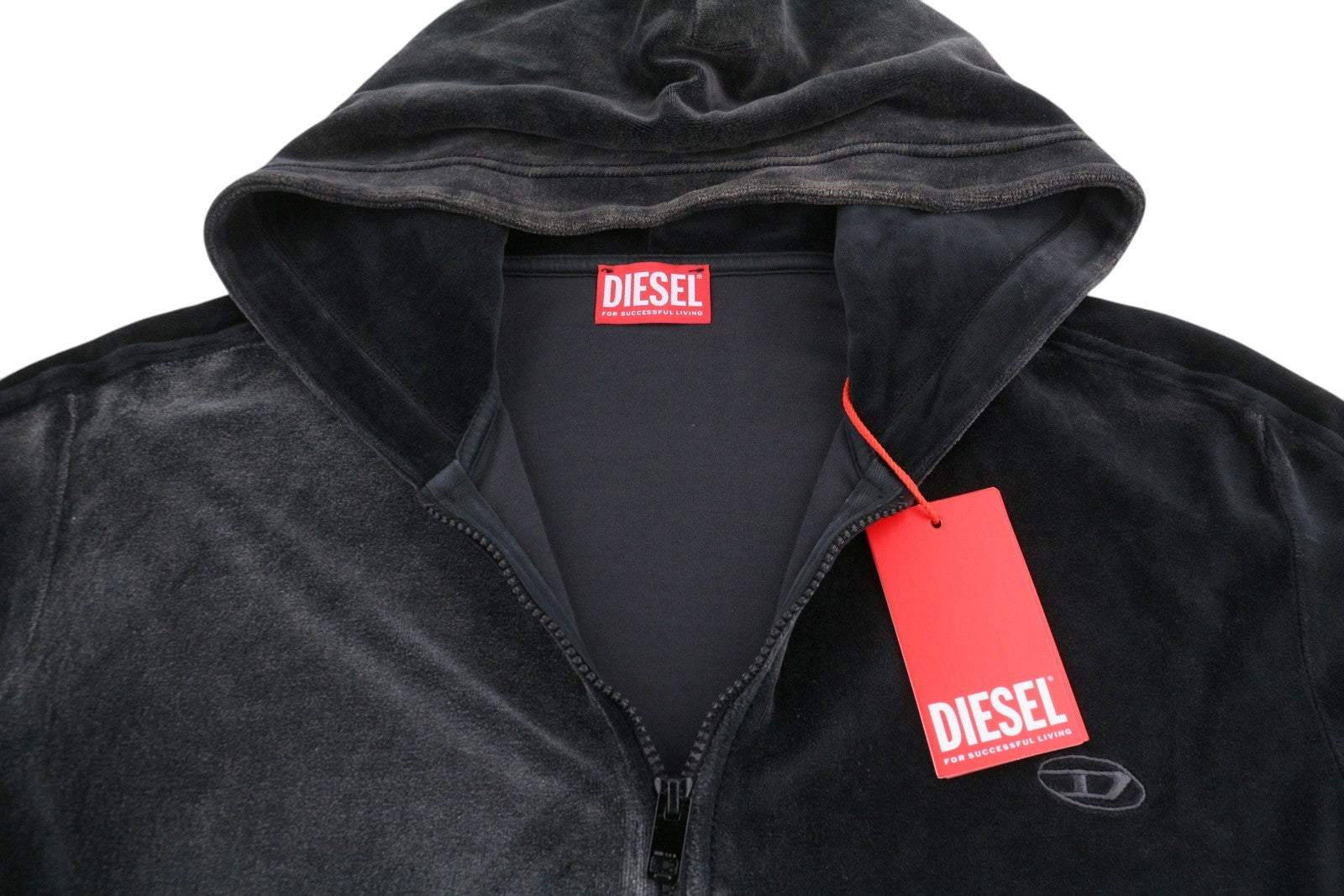 DIESEL S-Oclock Men Hoodie L Black Acid Wash Chenille Zip Up RRP325