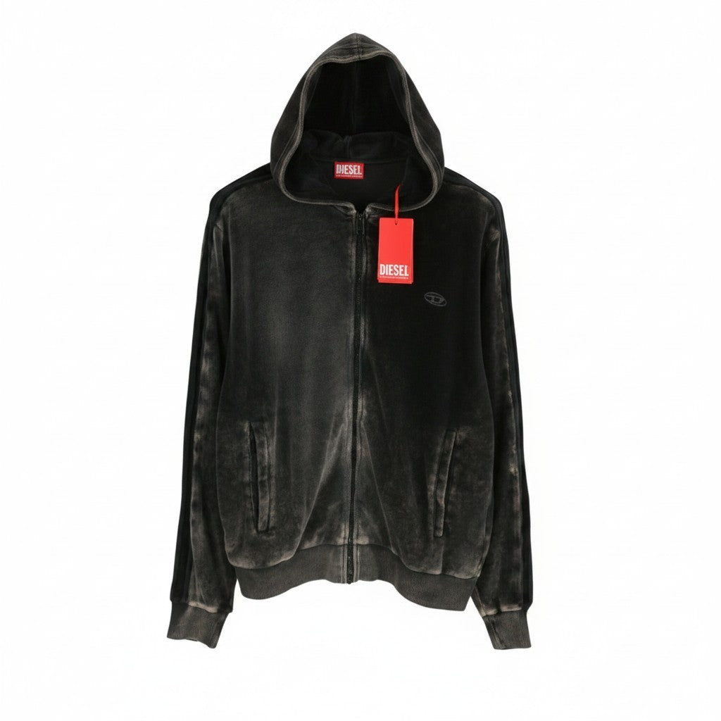 DIESEL S-Oclock Men Hoodie XL Black Acid Wash Chenille Zip Up RRP325