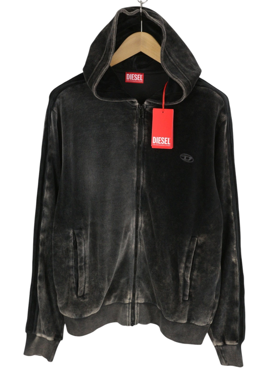 DIESEL S-Oclock Men Hoodie XL Black Acid Wash Chenille Zip Up RRP325