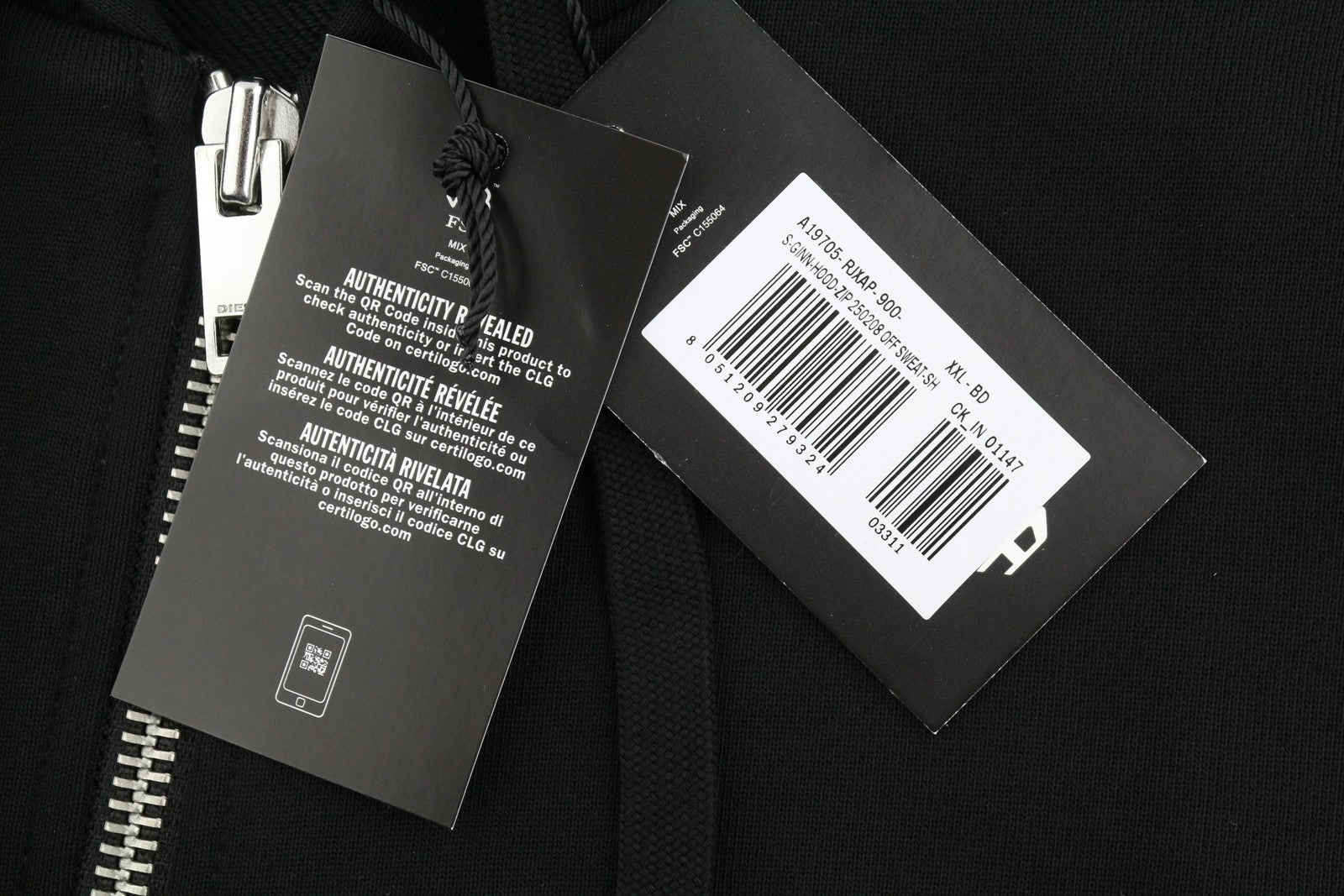 DIESEL S-Ginn-Hood-Zip 250209 Off Men Hoodie XL Black Full Zip RRP175