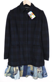 DESIGUAL Snow Robot Women Coat M Blue Tartan Check Wool Designer Mid-Length
