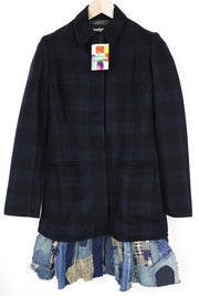 DESIGUAL Snow Robot Women Coat M Woolen Mid-Length Navy Blue Tartan Check
