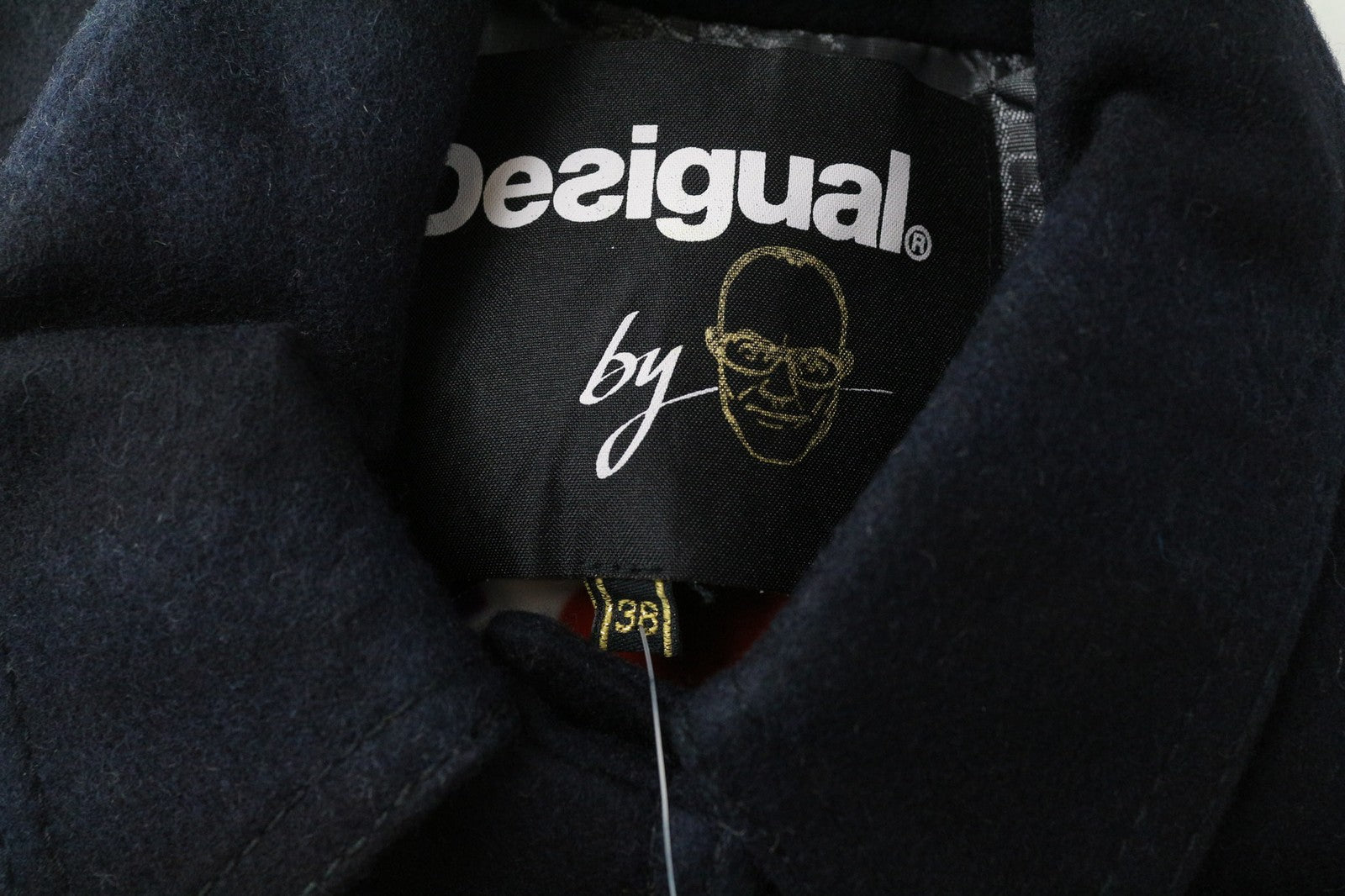 DESIGUAL Snow Robot Women Coat M Woolen Mid-Length Navy Blue Tartan Check