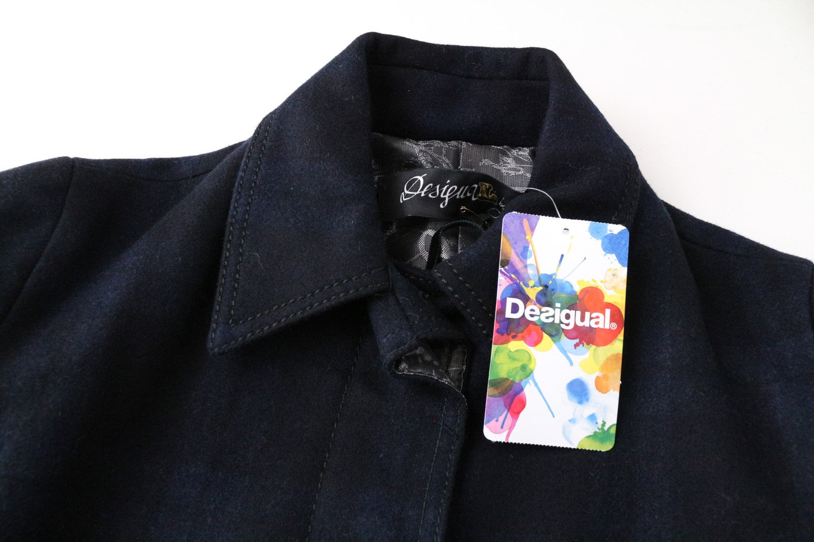 DESIGUAL Snow Robot Women Coat M Navy Blue Wool Mix Tartan Check Designer
