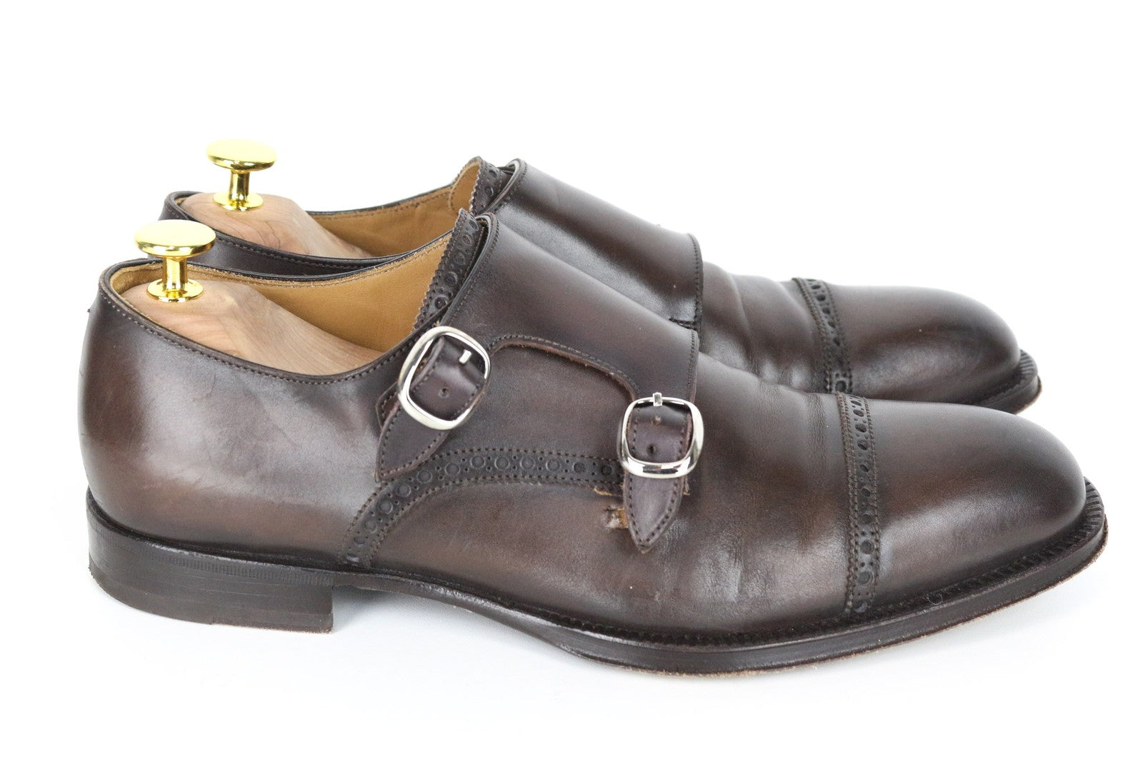SUITSUPPLY Men Formal Shoes EU40 Double Monk Strap Brogue Brown Calf Leather