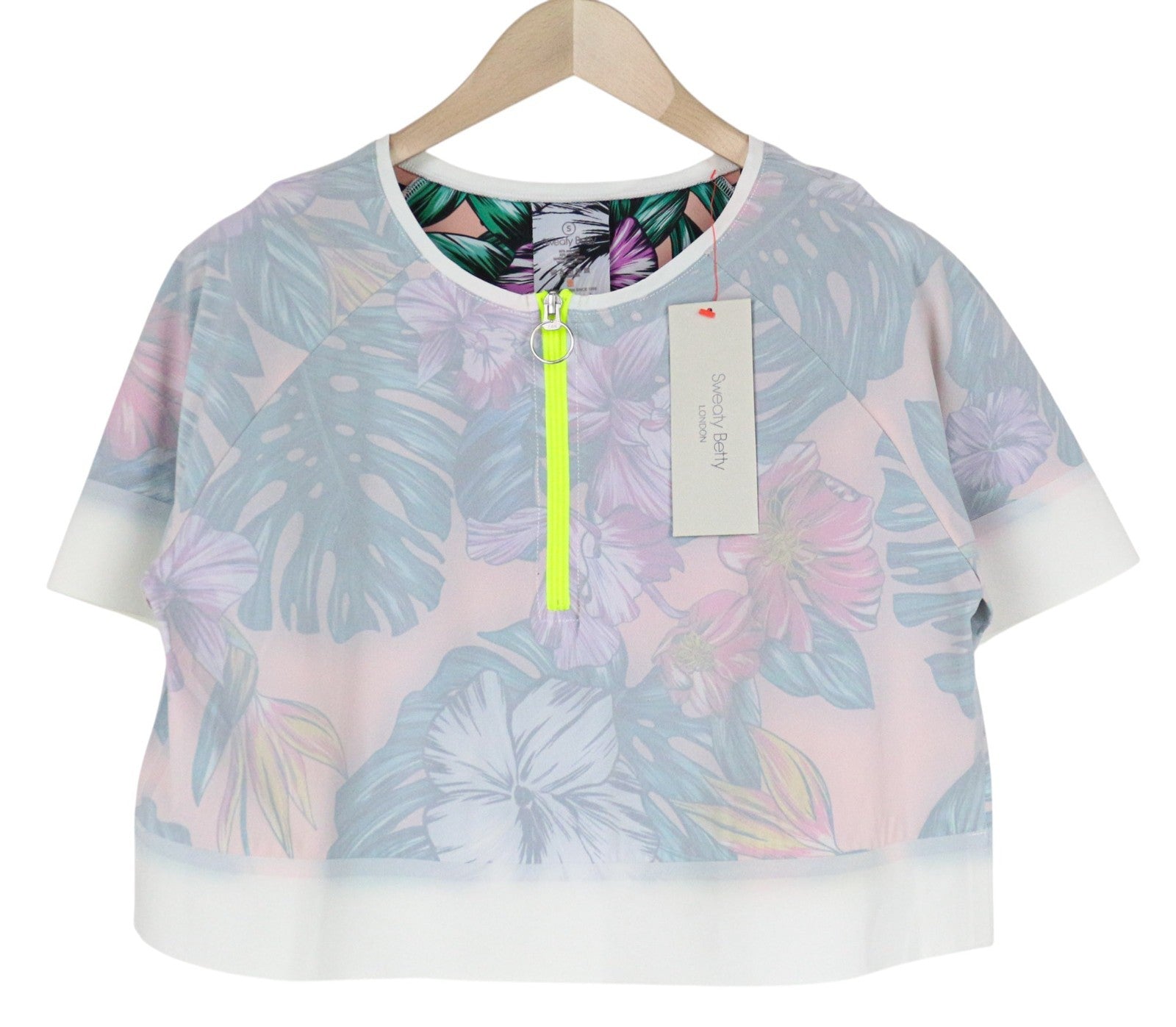 SWEATY BETTY Tournament Tennis Women T-Shirt S Off-White Stretch Crop Patterned