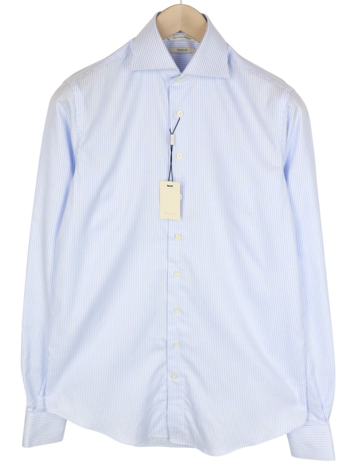 SUITSUPPLY Traveller Men Shirt 37L Slim Blue Pure Cotton Striped Patterns