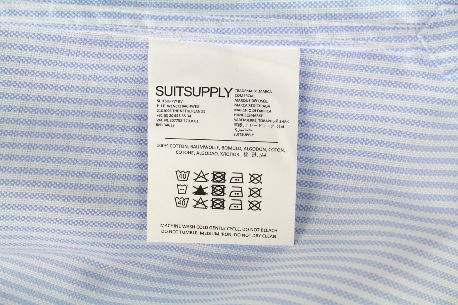 SUITSUPPLY Traveller Men Shirt 37L Slim Blue Pure Cotton Striped Patterns
