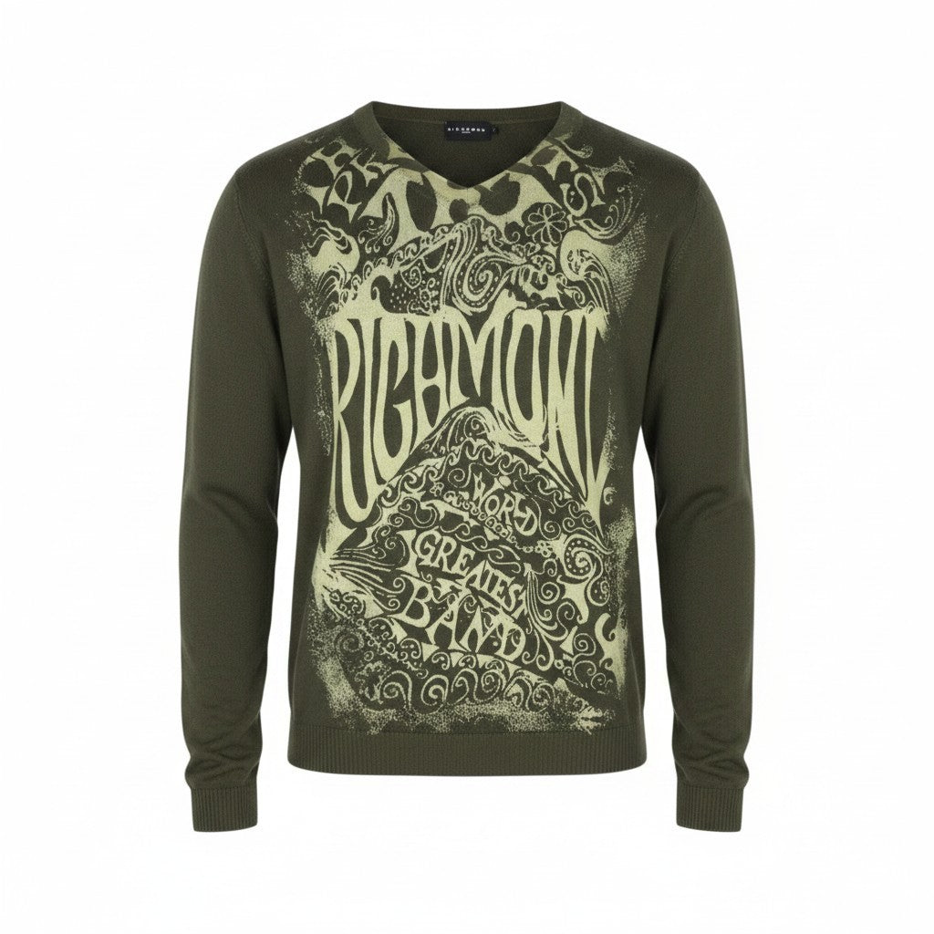 RICHMOND Men Sweatshirt L Green Pure Wool Long Sleeved Logo Pullover