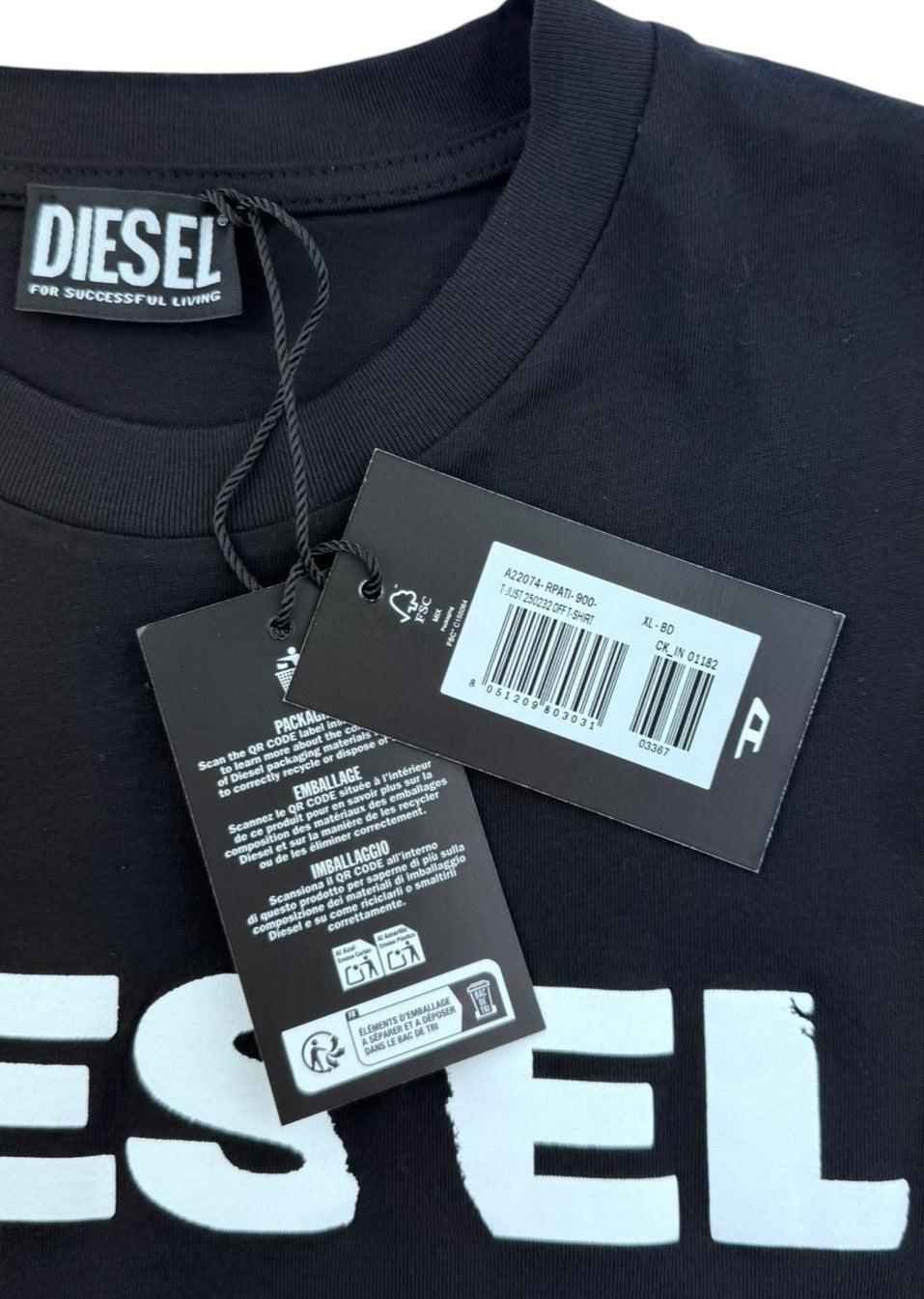 DIESEL T-Just 250232 Off Men T-Shirt XL Black Crew Neck Tricot Short Sleeve