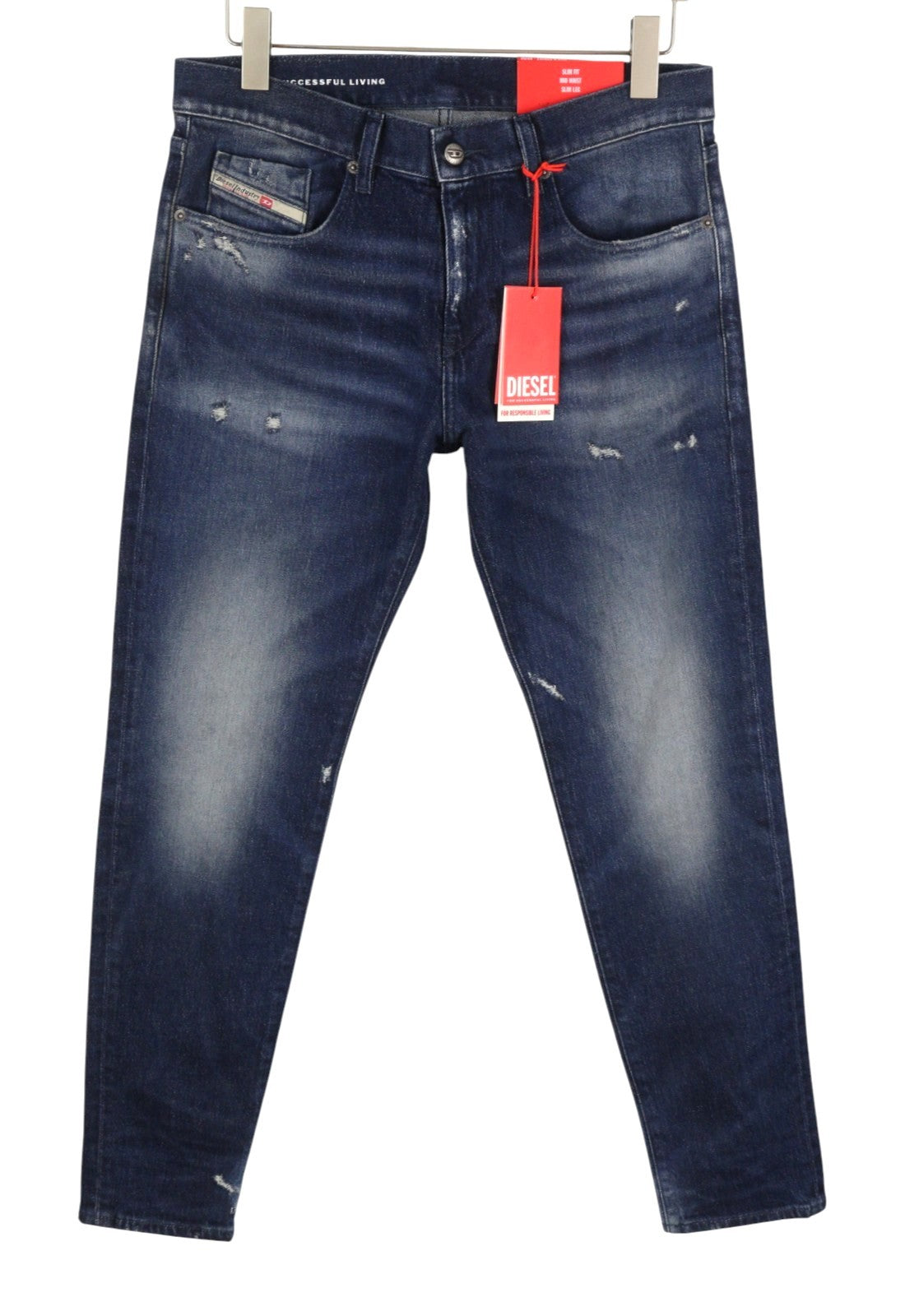 DIESEL 2019 D-Strukt 09J56 Men Jeans W38/L32 Blue Whiskers Distress Slim RRP195