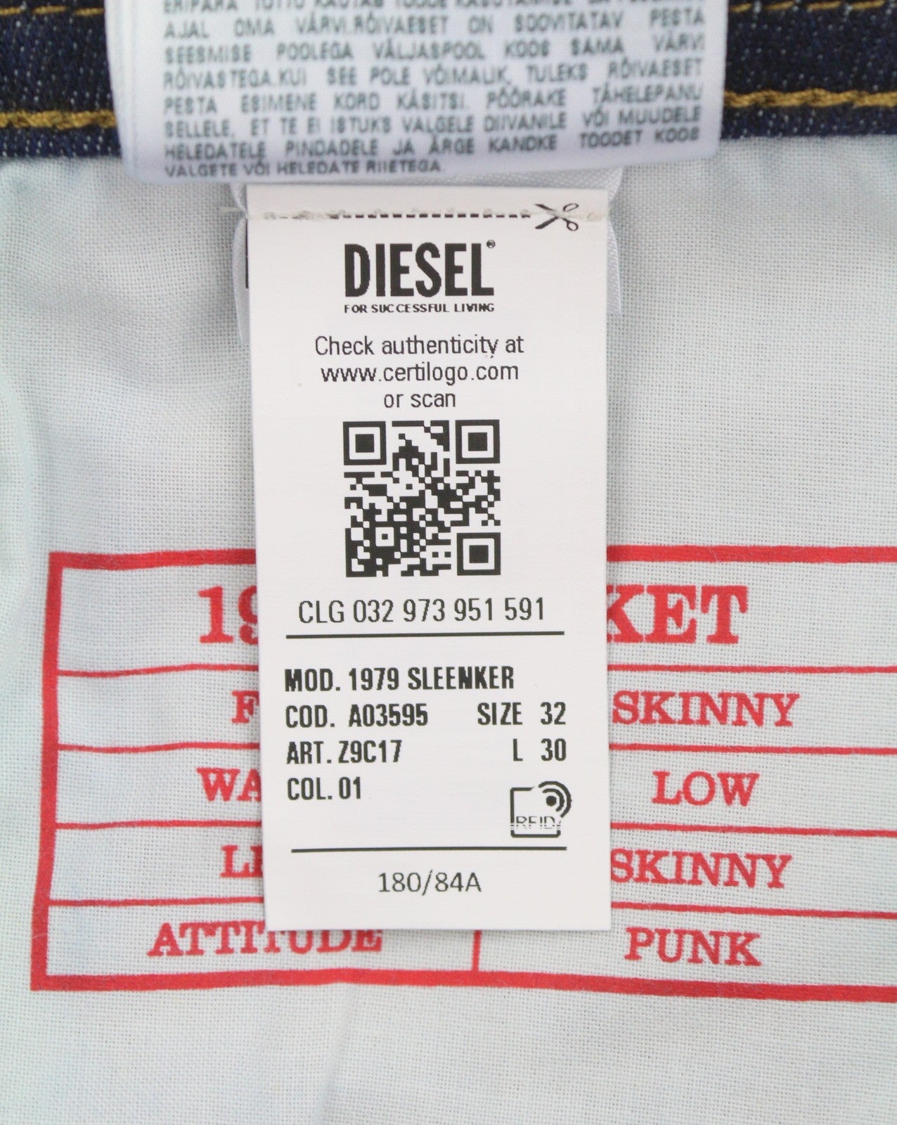 DIESEL 1979 Sleenker Z9C17 Men Jeans W32/L30 Dark Blue Skinny Fit Zipper
